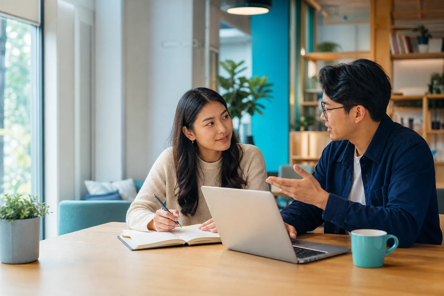 Mentor and young professional discussing career development in a bright learning workspace